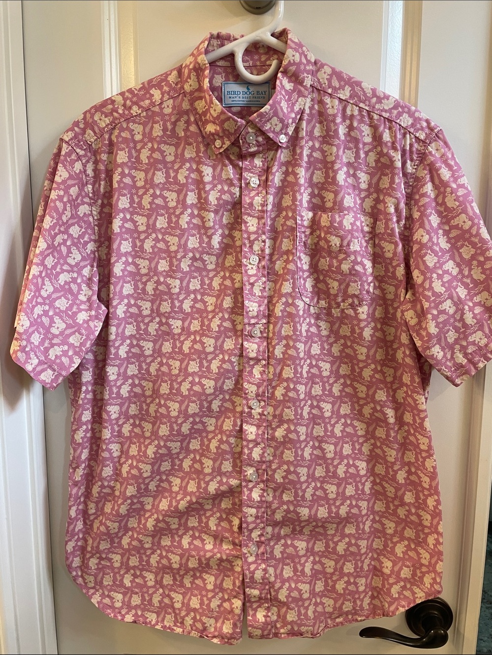 Bird Dog Bay Pink Short-Sleeve Button-Down with Cream Print Motif